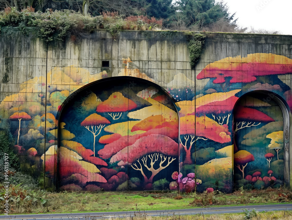 A mural of trees and flowers painted on a wall. The mural is colorful ...