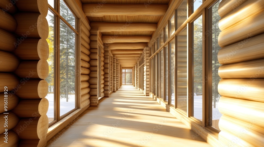 Fototapeta premium Empty hallway with windows in a wooden log cabin with sunlight streaming through.