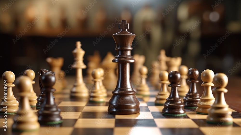 Chessboard with a Black King in the Center