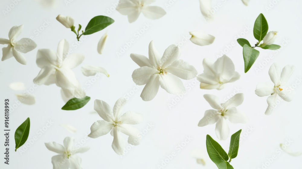 Fototapeta premium Jasmine blossoms, with their delicate petals, are suspended in the air against a plain white backdrop.