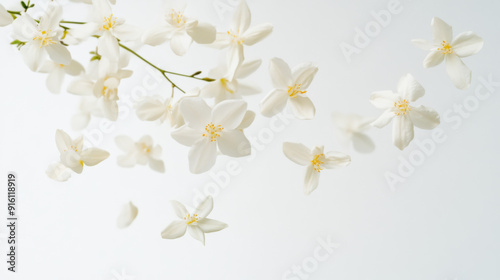 Jasmine blossoms, with their delicate petals, are suspended in the air against a plain white backdrop.