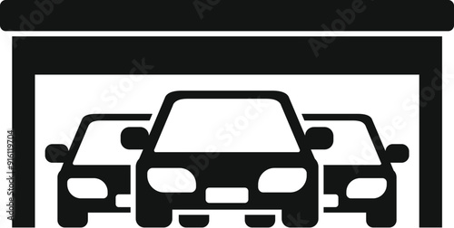 Three cars parking under a carport, simple black and white icon silhouette