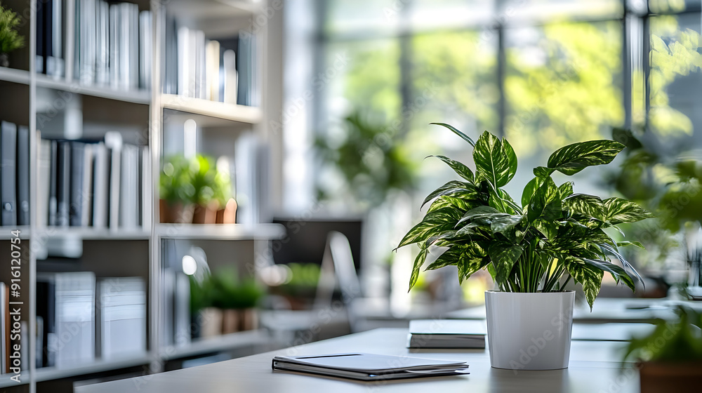 Green plant on a desk in a modern office. Green plant on a desk in a modern office.