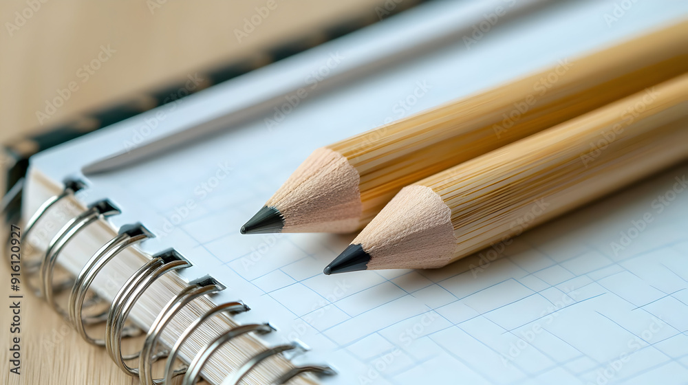 Two pencils on a gridded notebook. Two pencils on a gridded notebook.