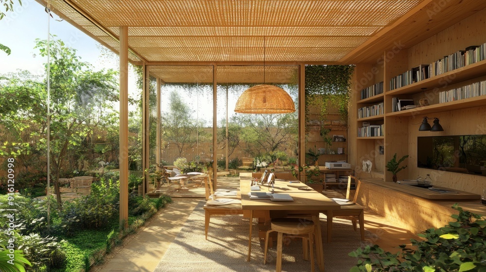 Fototapeta premium A wooden dining area with large windows overlooking a lush garden.