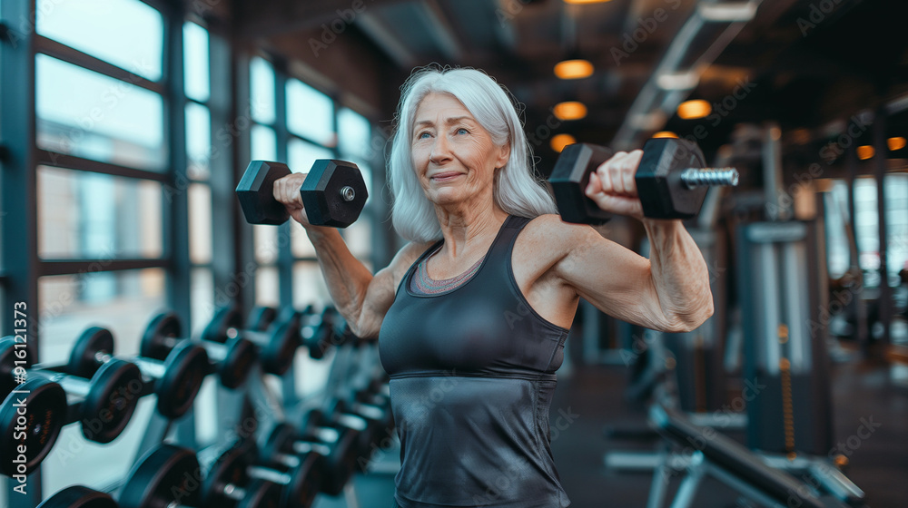 An elderly woman exercises with dumbbells in a gym, showcasing strength and fitness.