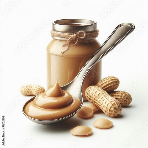 Metal spoon of Creamy peanut butter isolated on white background