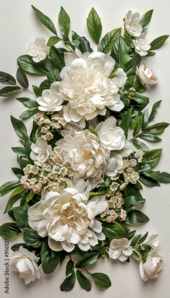 Beautiful floral arrangement with white flowers and green leaves. Elegant and artistic display of blooming nature. Ideal for backgrounds, wallpapers, and decorative purposes. AI