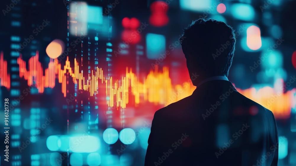 A businessman planning economic strategies with a blurred abstract background of market trends. A businessman planning economic strategies with a blurred abstract background of market trends.