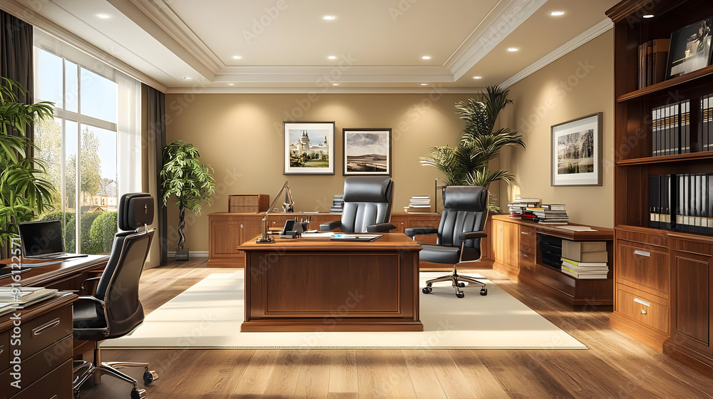 Modern office interior with desk, chairs, and bookcases. Modern office interior with desk, chairs, and bookcases.