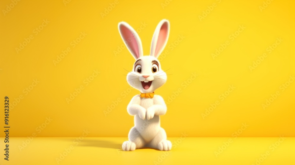 Cute Easter Bunny Sitting on Yellow Background Cute Easter Bunny Sitting on Yellow Background