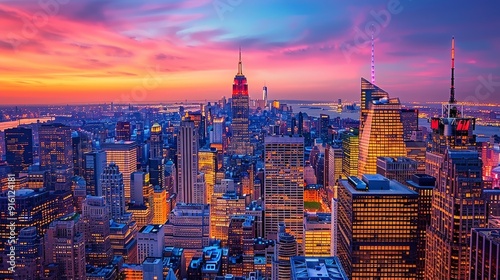 Illuminated Majesty - Captivating New York City Skyline at Dusk with Glowing Skyscrapers and Vibrant City Lights