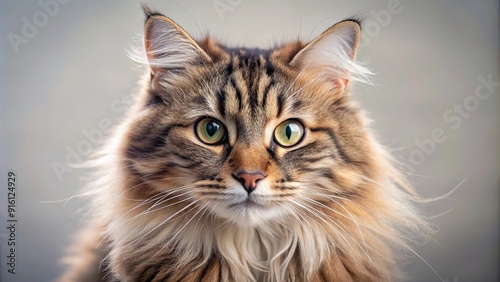 Close up of a fluffy cat staring directly into the camera, feline, whiskers, eyes, tabby, cute, animal, pet, fur, close-up