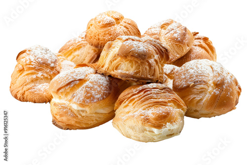 Assorted French cream puffs, or choux bread, isolated on a clean white background, capturing their light, fluffy texture and golden color