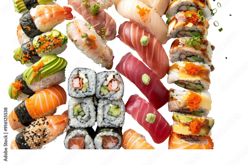 Assorted sushi items like rolls, nigiri, and sashimi, presented on a white background, highlighting the variety of sushi dishes Assorted sushi items like rolls, nigiri, and sashimi, presented on a white background, highlighting the variety of sushi dishes