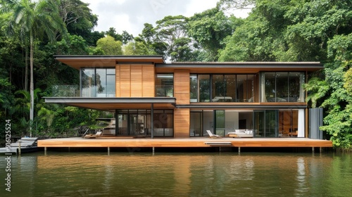 Modern wooden house on stilts over a calm lake, surrounded by lush tropical greenery.