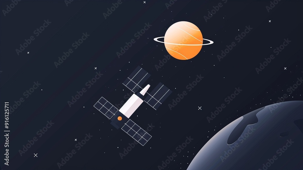 Fototapeta premium A minimalist satellite orbiting a simple Earth, clean lines, 2D vector illustration, plain design, basic colors