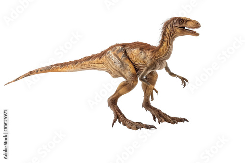 Austroraptor dinosaur model, isolated against a white background, showcasing its feathered body, long arms, and distinctive features photo