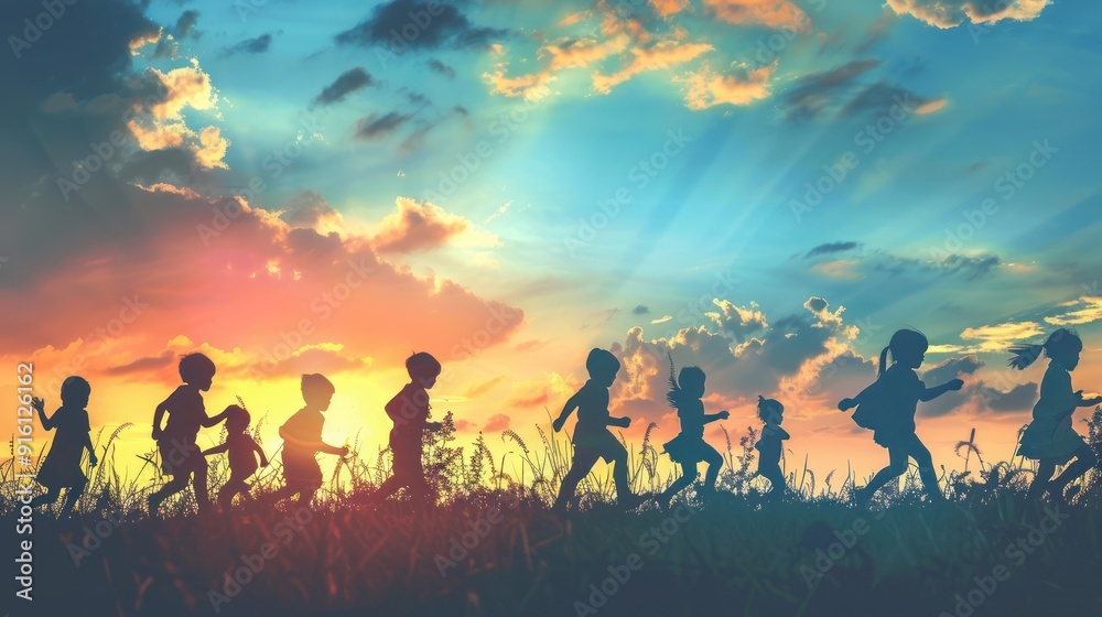 Silhouettes of Children Running Through a Field at Sunset Silhouettes of Children Running Through a Field at Sunset