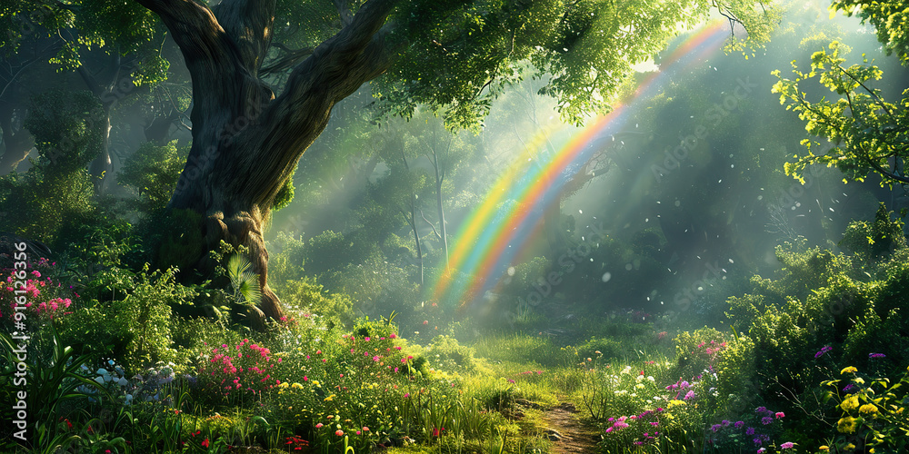 Sunlit Forest Path with Rainbow and Blooming Flowers. Sunlit Forest Path with Rainbow and Blooming Flowers.