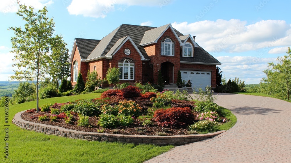 A beautiful brick house with a landscaped yard and a paved driveway. A beautiful brick house with a landscaped yard and a paved driveway.