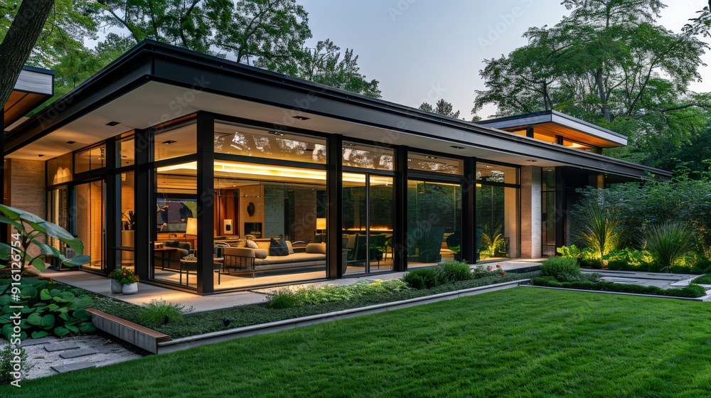 Elegant Modern Home with Large Windows and Stylish Interior Decor in Well-Manicured Garden Elegant Modern Home with Large Windows and Stylish Interior Decor in Well-Manicured Garden