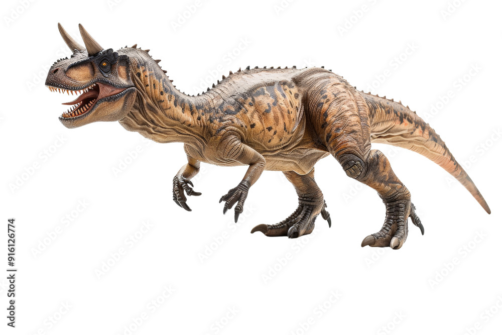 Carnotaurus dinosaur illustration, isolated on a white background, showcasing its unique horn structure, muscular body, and distinctive skin pattern Carnotaurus dinosaur illustration, isolated on a white background, showcasing its unique horn structure, muscular body, and distinctive skin pattern