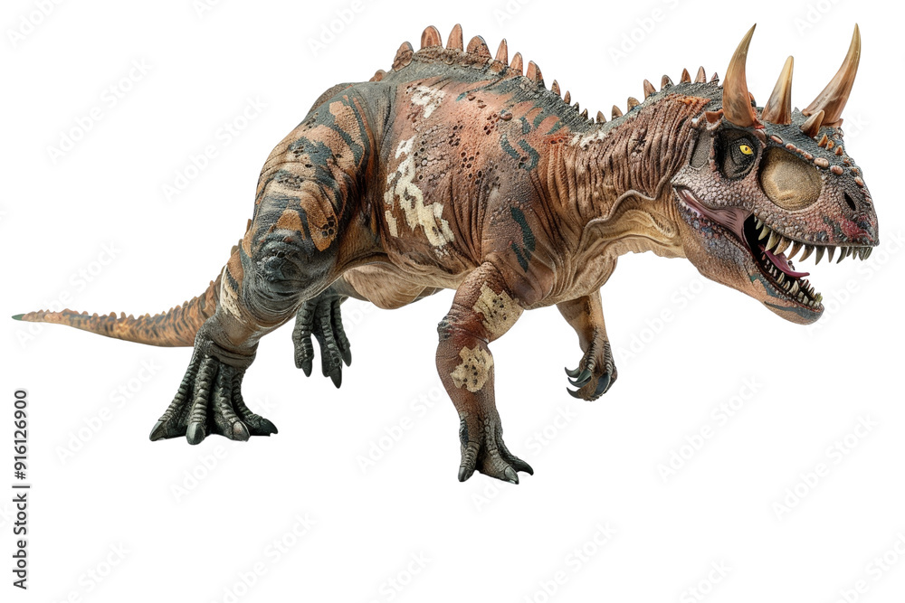 Carnotaurus model in a dynamic pose, isolated on a white background, capturing its powerful build, horn structure, and characteristic skin pattern Carnotaurus model in a dynamic pose, isolated on a white background, capturing its powerful build, horn structure, and characteristic skin pattern