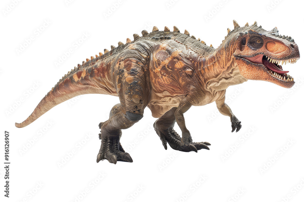 Carnotaurus dinosaur model, isolated against a white background, showcasing its distinctive horned head and short arms, detailed texture and coloration