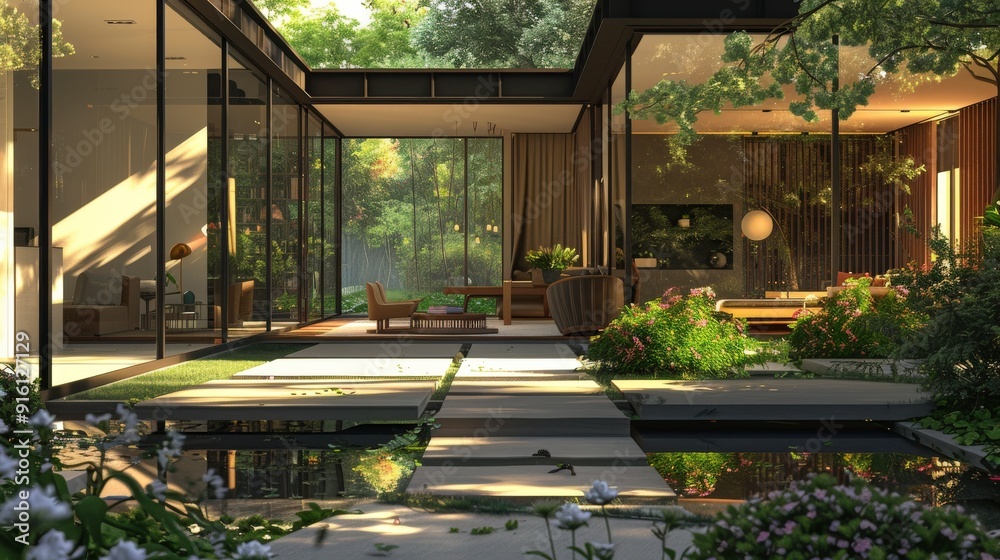 Modern Elegance: A Stunning Home with Large Windows, Manicured Garden, and Stylish Interiors Modern Elegance: A Stunning Home with Large Windows, Manicured Garden, and Stylish Interiors