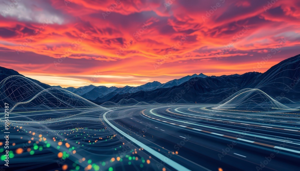 Abstract Highway in Mountains at Sunset. Abstract Highway in Mountains at Sunset.