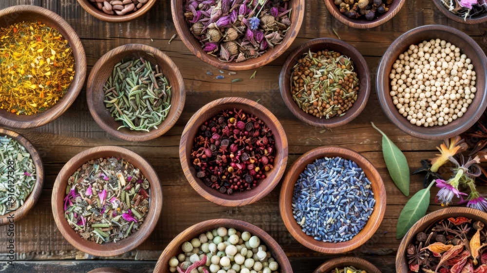 Assorted dried herbs and spices in wooden bowls on a rustic table Assorted dried herbs and spices in wooden bowls on a rustic table