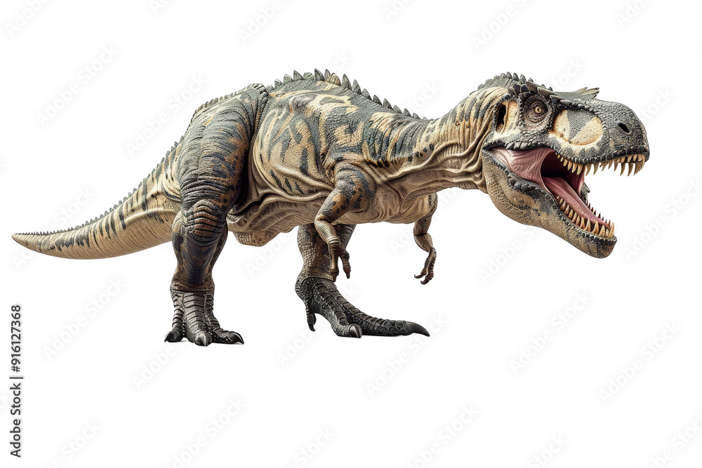 Naklejka premium Clear image of Carcharodontosaurus on a white background, showcasing its massive size, detailed texture, and prominent features with clarity