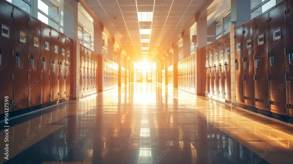 Empty school hallway with lockers and sunlight shining through windows Empty school hallway with lockers and sunlight shining through windows