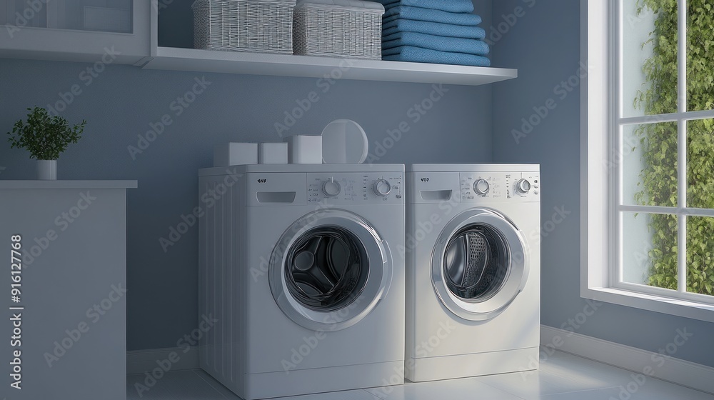 Two white washing machines in a laundry room with a window and a shelf with wicker baskets and towels.