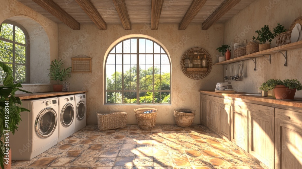 Rustic laundry room with white washer and dryer, wood cabinets, tiled ...
