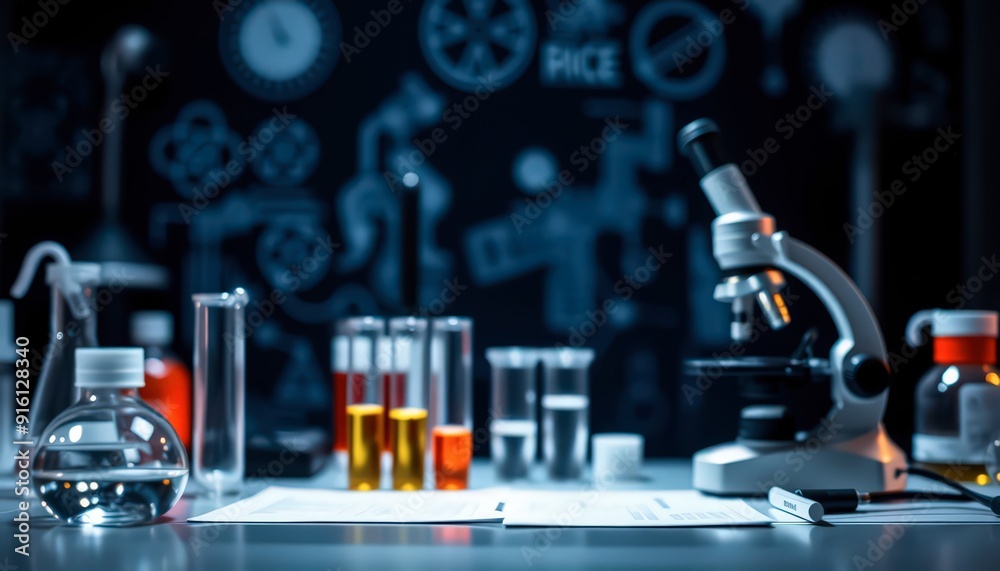 Chemistry Lab Equipment and Experiment Results on a Table. Chemistry Lab Equipment and Experiment Results on a Table.