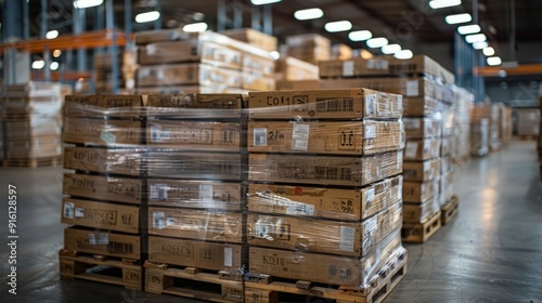 Pallets stacked with boxes in a large warehouse with industrial lighting