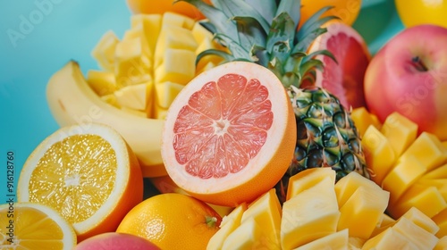 Fresh citrus fruits and pineapple in a vibrant tropical arrangement