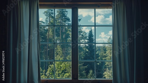 The apartment window faces the forest and sky.