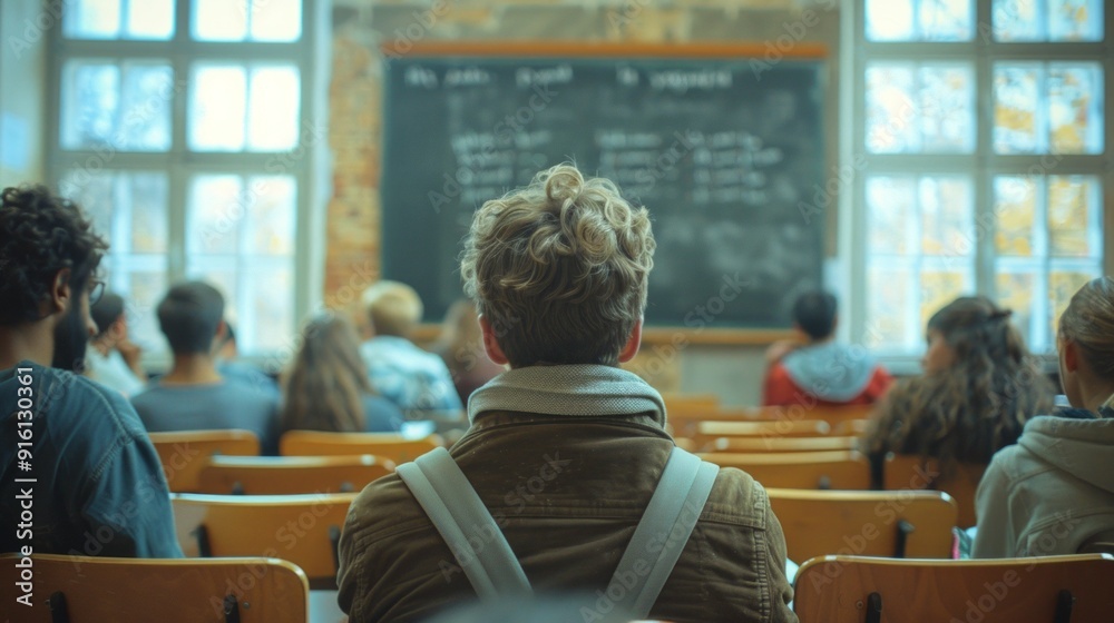 Obraz premium Students attending a lecture in a classroom with natural light