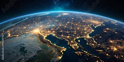 Fototapeta Naklejka Na Ścianę i Meble -  Night view of Asian cities from space showing development, economics, and technology , Beautiful, planet Earth, night lights, Asia