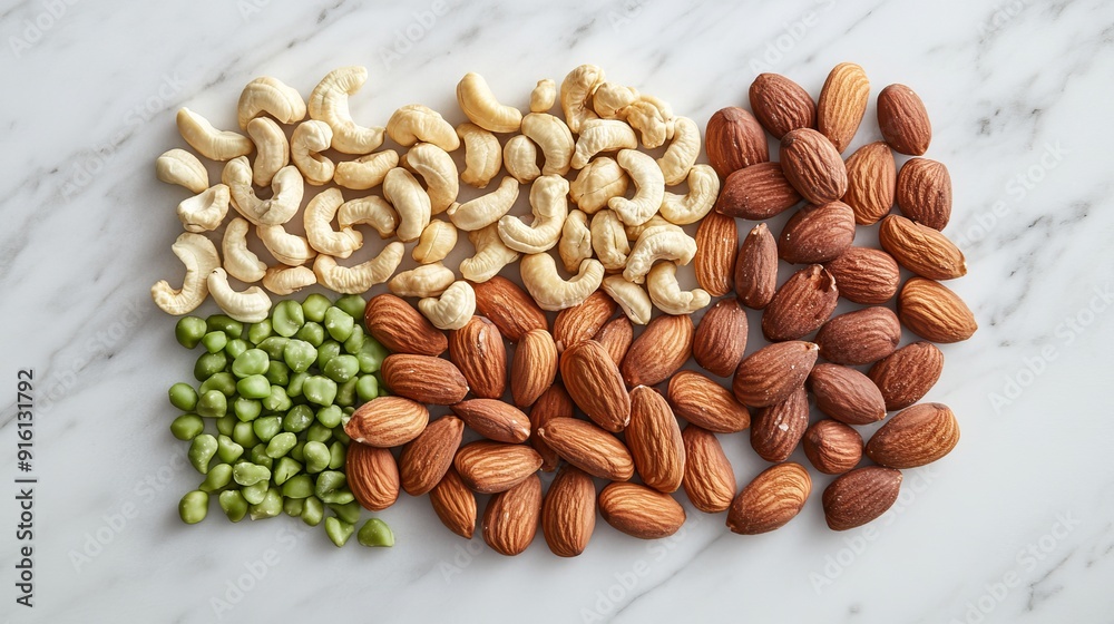 An elegant display of a variety of nuts including wasabi peas, salted almonds, and cashew nuts, arranged on a marble surface An elegant display of a variety of nuts including wasabi peas, salted almonds, and cashew nuts, arranged on a marble surface