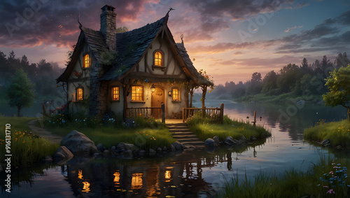 A whimsical scene of an enchanted cottage by the water creates a best-selling illustration with a fairy tale quality, suited for wallpaper or abstract backgrounds.