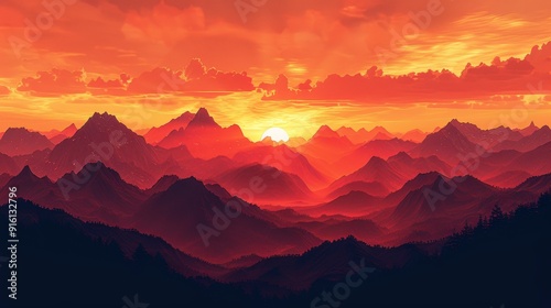 Majestic Sunset Over Mountain Range - Dramatic sky with vibrant orange and red hues illuminating silhouette of peaks at dusk.