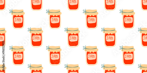 Seamless pattern with  pear Jam, marmalade. Canned pear hand drawn. Jar preserved fruits. Repeated Flat vector for menu, wallpaper, wrapping paper, packing, textile. Farmers market, Vegan food
