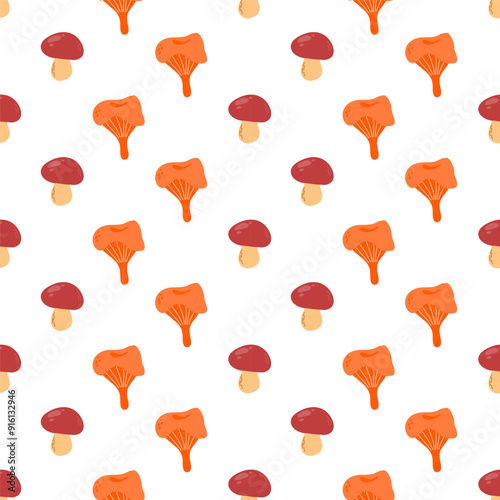 Seamless pattern with stylized sketches of edible mushrooms chanterelle and porcini mushrooms.