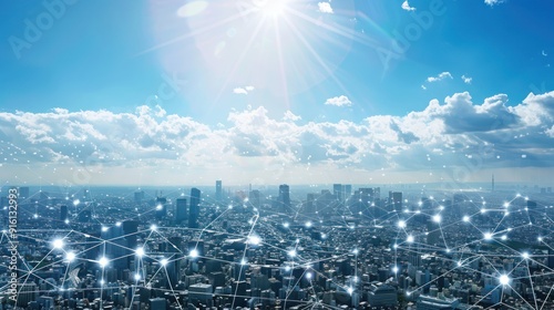 Cityscape with Network Connections Under a Sunny Sky
