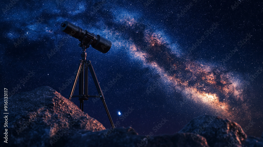 Telescope pointed at the Milky Way on a starry night. ..
