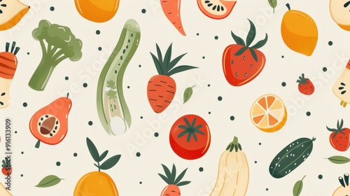 A collection of various fruits and vegetables arranged playfully on a light backdrop